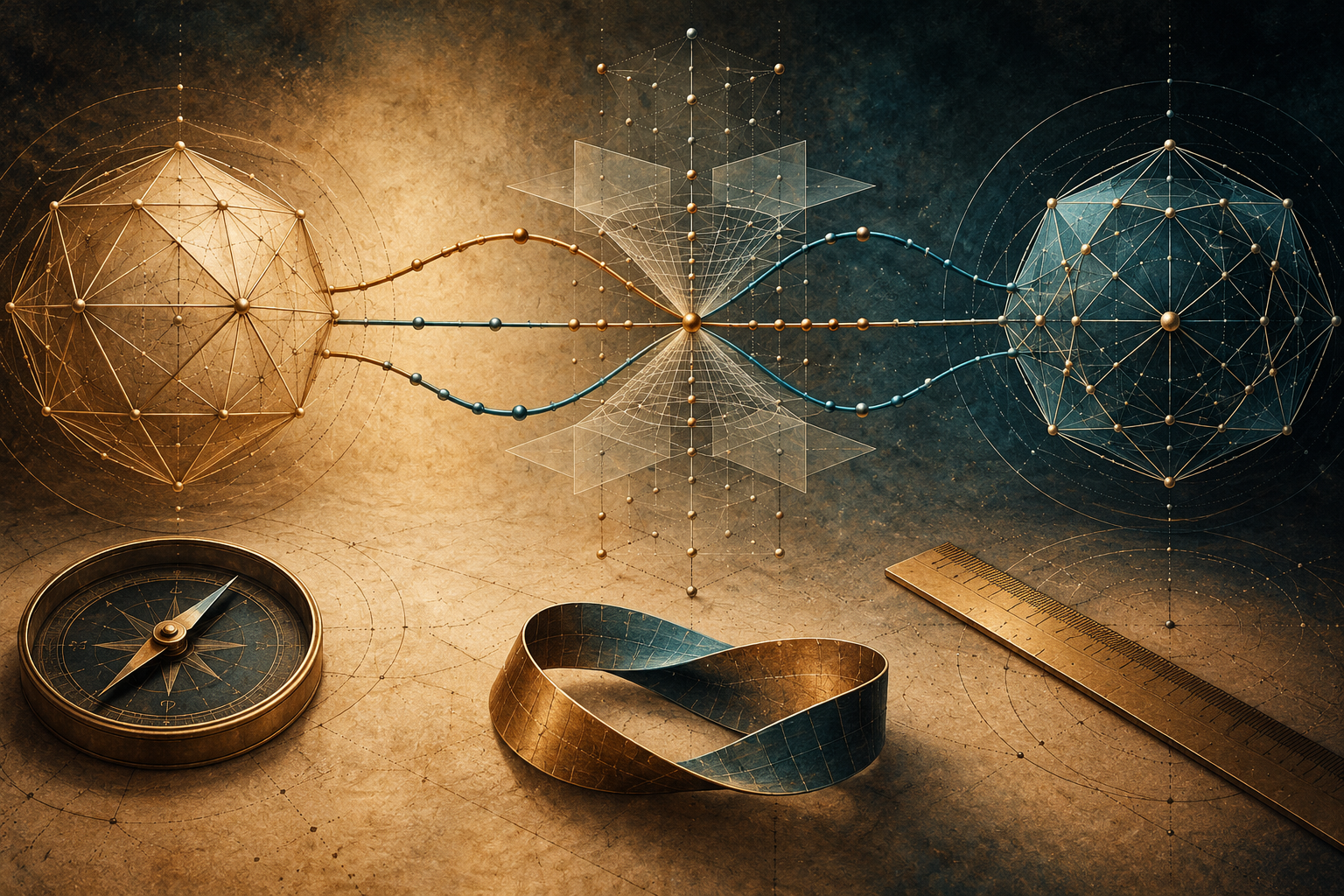 Relational geometry represented by two linked faces, a central hinge, compass, ruler and Möbius ribbon