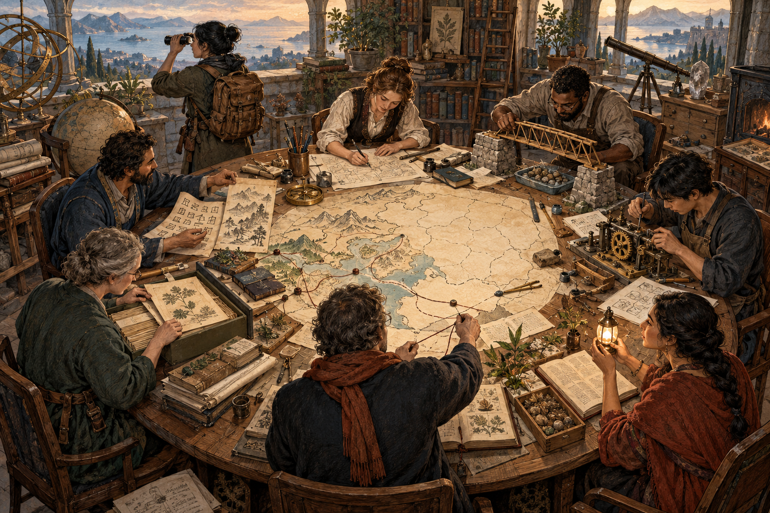 Eight collaborators performing complementary research functions around an unfinished map